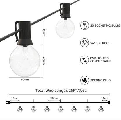 25 Ft Plug-In Outdoor String Light G40 Globe Patio Lights with 26 Edison Glass Bulbs Hanging Light