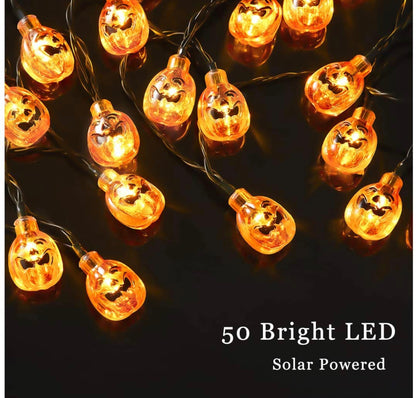 33Ft Solar Powered Pumpkin Halloween String Lights 50 LED with 8 Lighting Modes