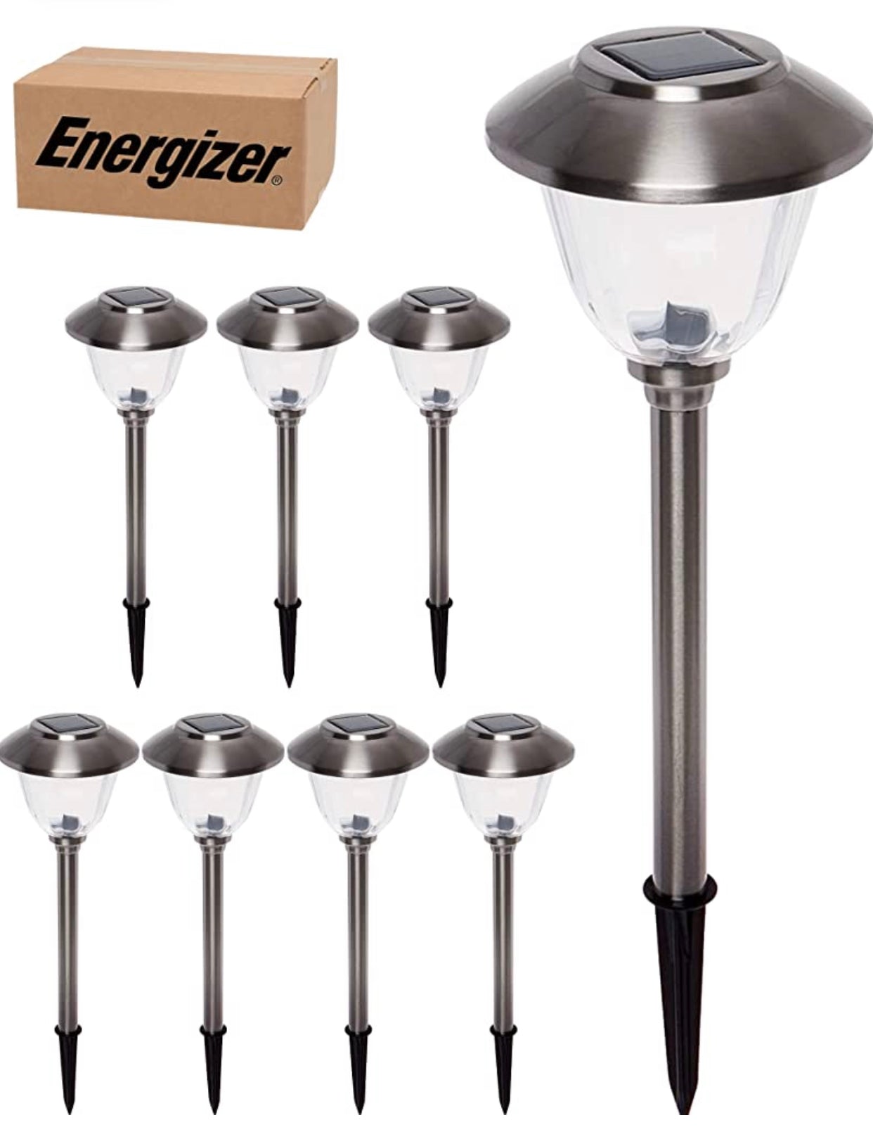 Energizer 8 Pack Solar Pathway LED Lights Outdoor- Glass and Stainless Steel 15 LM ( Silver )