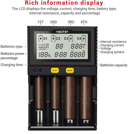 Original MiBOXER Smart Universal 4-Bay Charger, Automatic LCD Display,Fast Charging Rechargeable Li-ion LiFePO4 Ni-MH Ni-Cd AA AAA