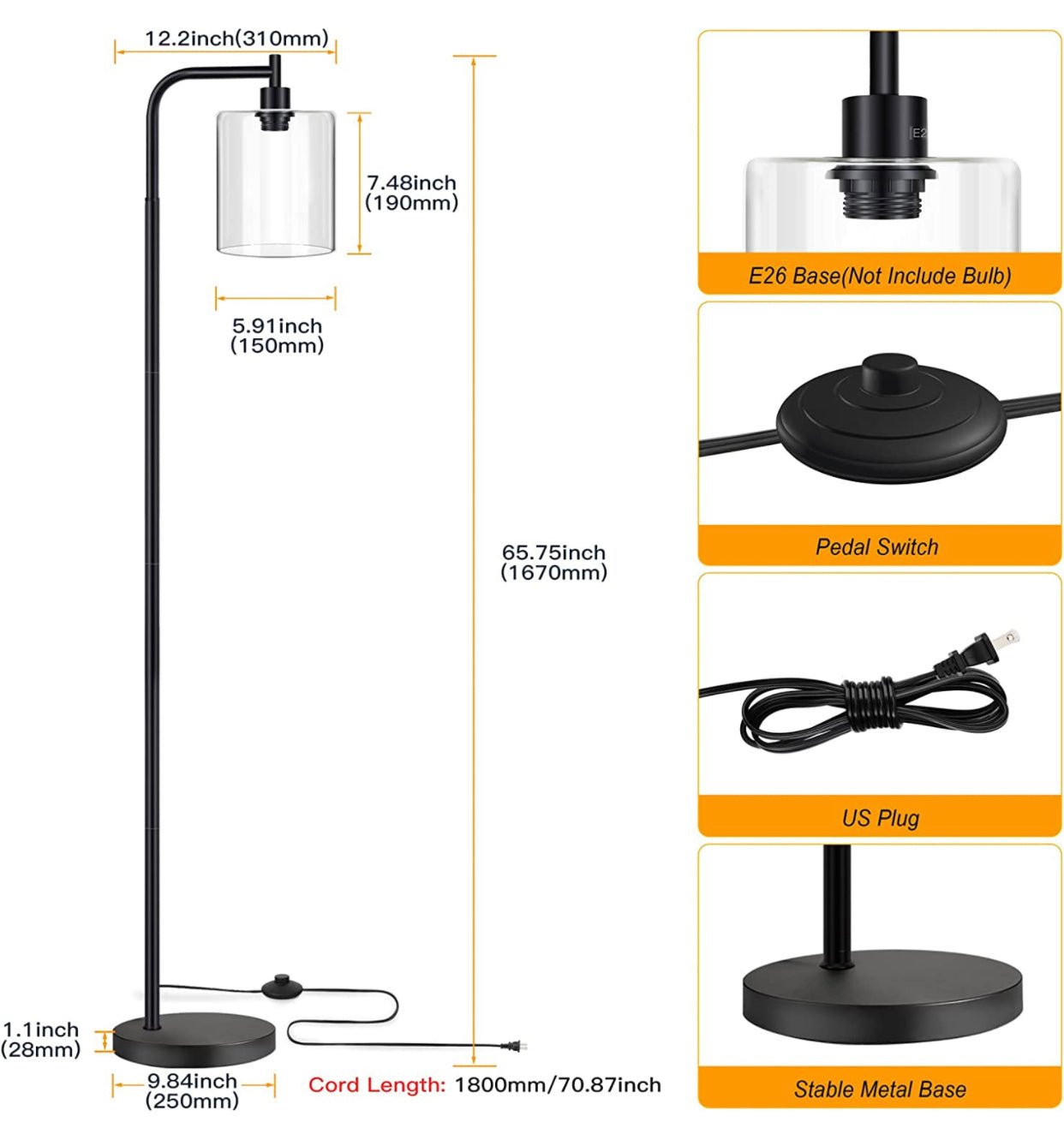 Industrial Floor Lamp, Modern Standing Lamps with Hanging Clear Glass Shade - Outdoor Solar Outlet