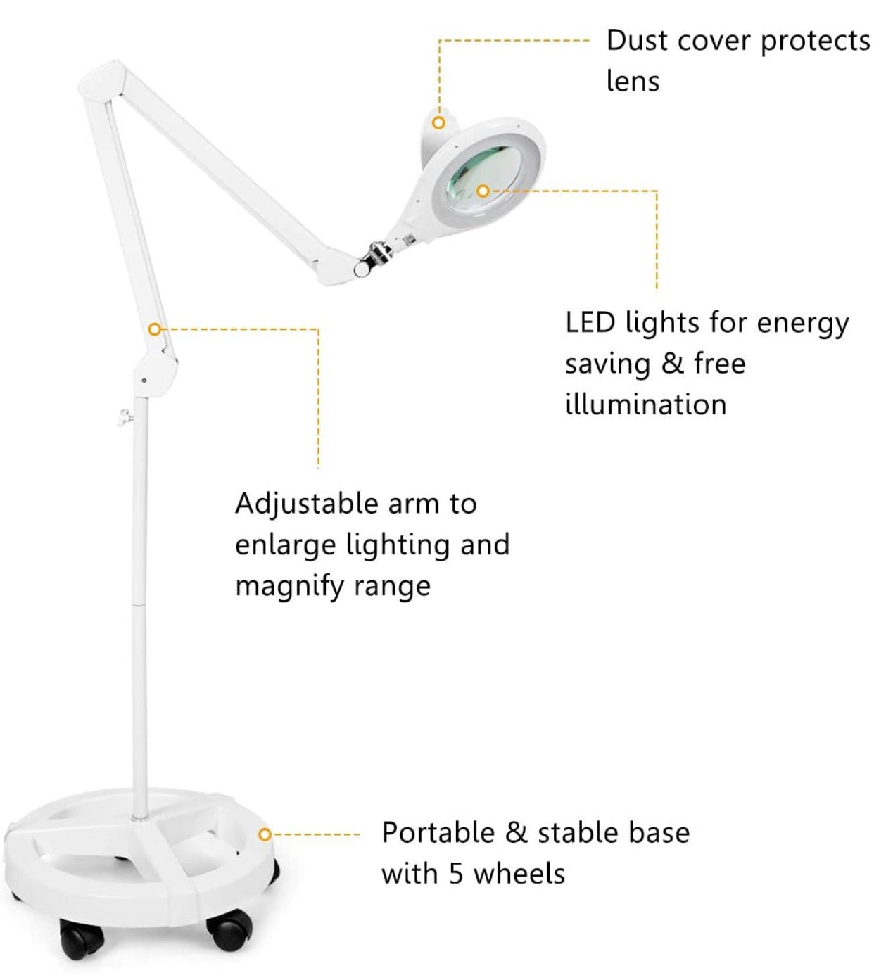 Magnifying Floor Lamp with 5 Wheels Rolling Base, 2.25X Magnifier with LED Light, 2-in-1 - Outdoor Solar Outlet