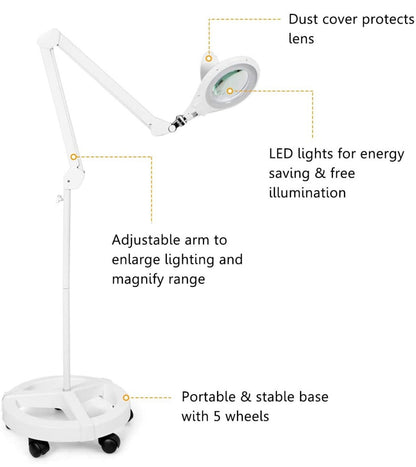 Magnifying Floor Lamp with 5 Wheels Rolling Base, 2.25X Magnifier with LED Light, 2-in-1 - Outdoor Solar Outlet