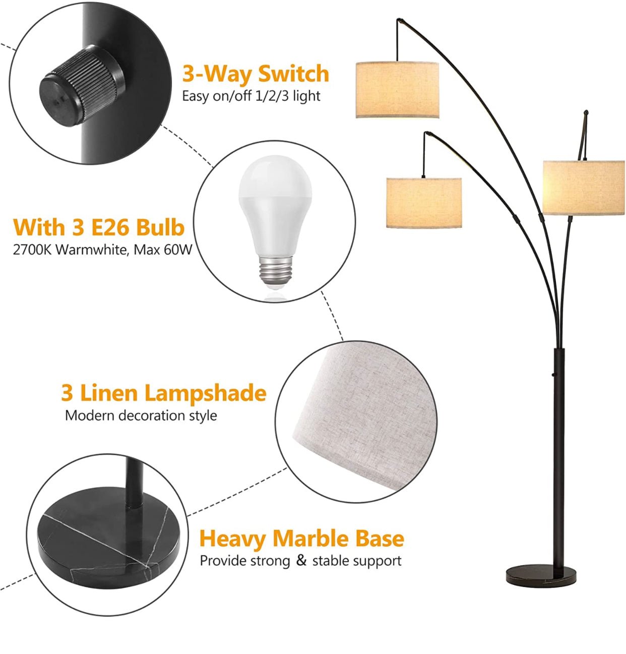 Modern Arc Floor Lamp w/ Marble Base - 3 Lights Hanging Over The Couch from Behind - Multi Head Arching Tree Lamp -Oil Rubbed Bronze - Outdoor Solar Outlet