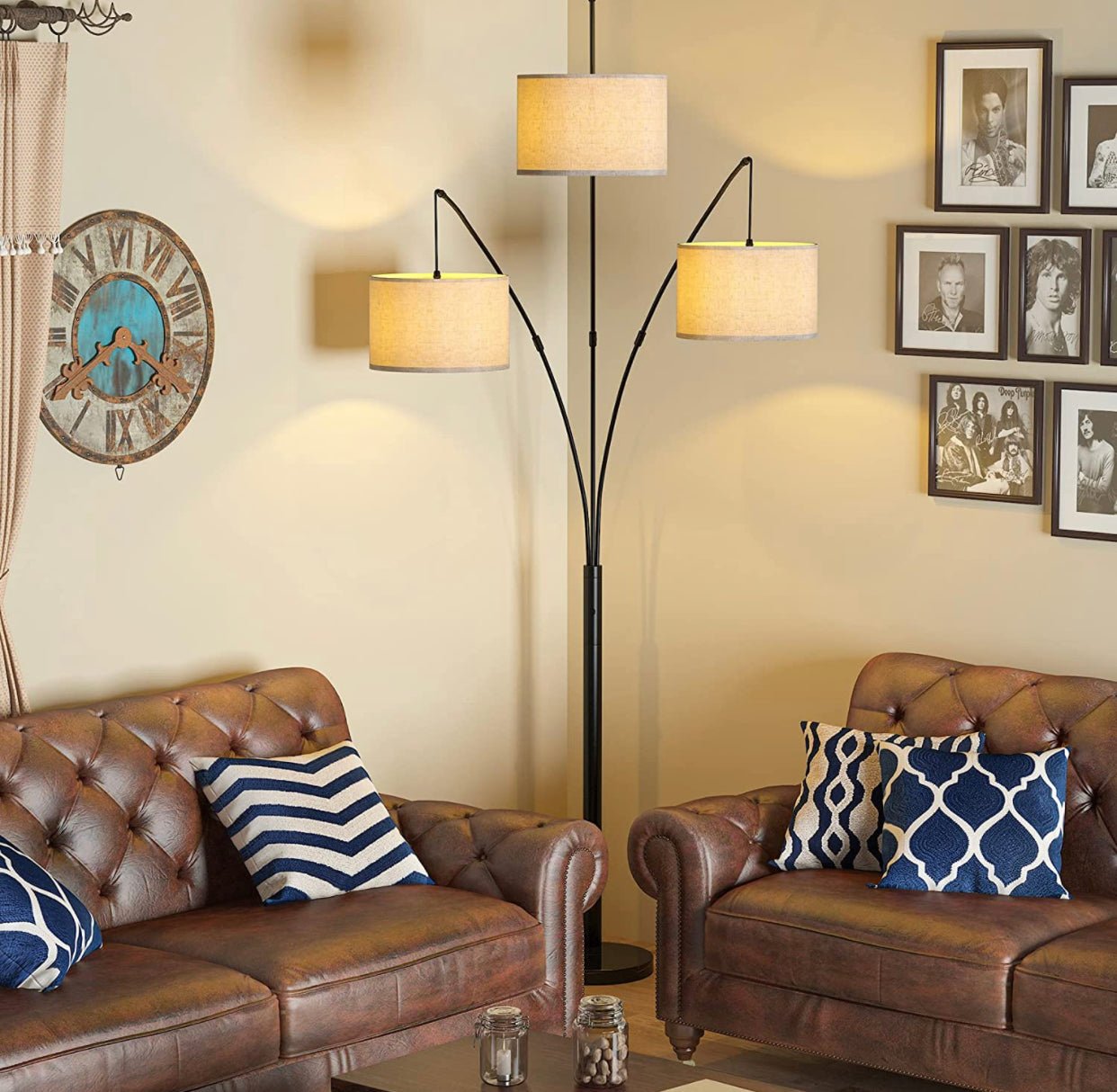 Modern Arc Floor Lamp w/ Marble Base - 3 Lights Hanging Over The Couch from Behind - Multi Head Arching Tree Lamp -Oil Rubbed Bronze - Outdoor Solar Outlet
