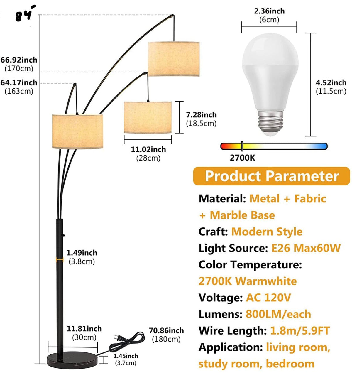 Modern Arc Floor Lamp w/ Marble Base - 3 Lights Hanging Over The Couch from Behind - Multi Head Arching Tree Lamp -Oil Rubbed Bronze - Outdoor Solar Outlet