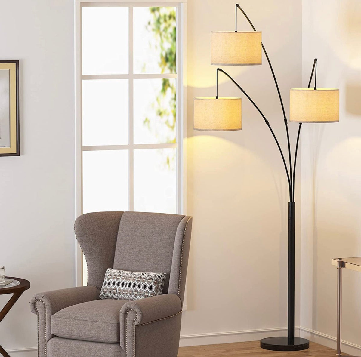 Modern Arc Floor Lamp w/ Marble Base - 3 Lights Hanging Over The Couch from Behind - Multi Head Arching Tree Lamp -Oil Rubbed Bronze - Outdoor Solar Outlet