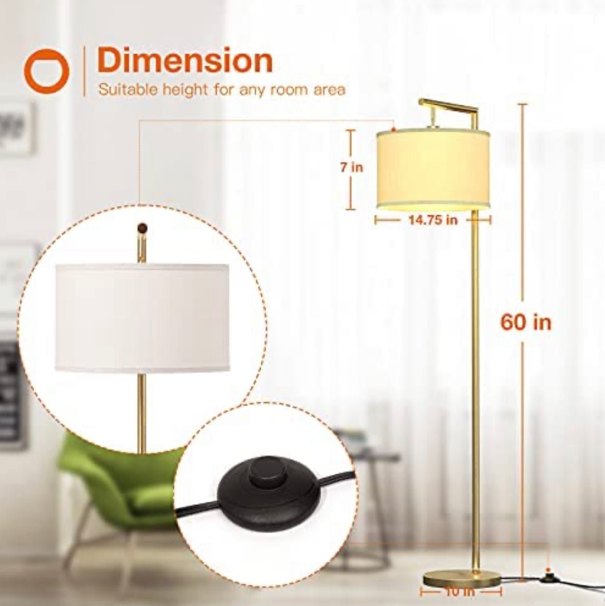 Modern Floor Lamp, Classic Standing Lamp Reading Standing Light for Bedroom Living Room with LED Bulb - Outdoor Solar Outlet