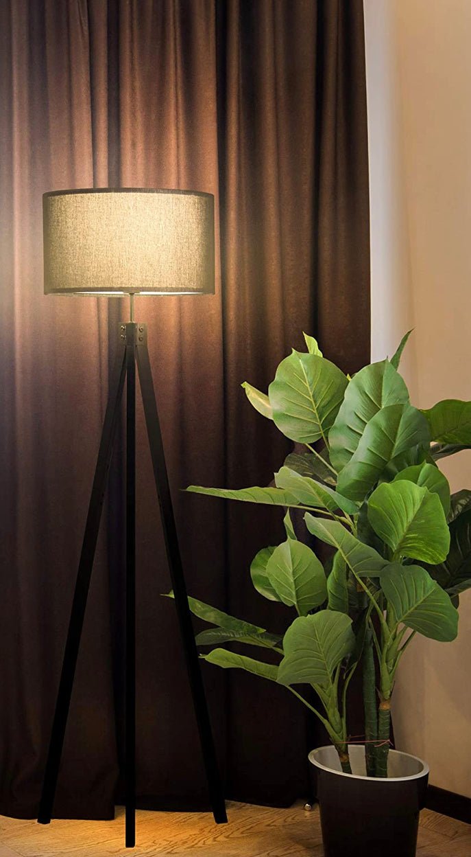 Modern Tripod LED Floor Lamp – Mid Century Dimmable Modern Light for Contemporary Living Rooms - Tall Free Standing Lamp with Solid Wood Legs - Outdoor Solar Outlet