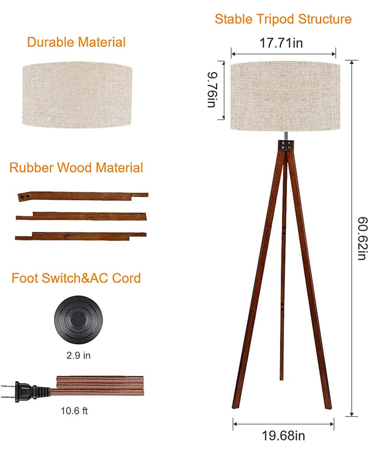 Modern Tripod LED Floor Lamp – Mid Century Dimmable Modern Light for Contemporary Living Rooms - Tall Free Standing Lamp with Solid Wood Legs - Outdoor Solar Outlet