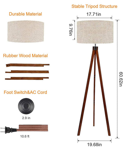 Modern Tripod LED Floor Lamp – Mid Century Dimmable Modern Light for Contemporary Living Rooms - Tall Free Standing Lamp with Solid Wood Legs - Outdoor Solar Outlet