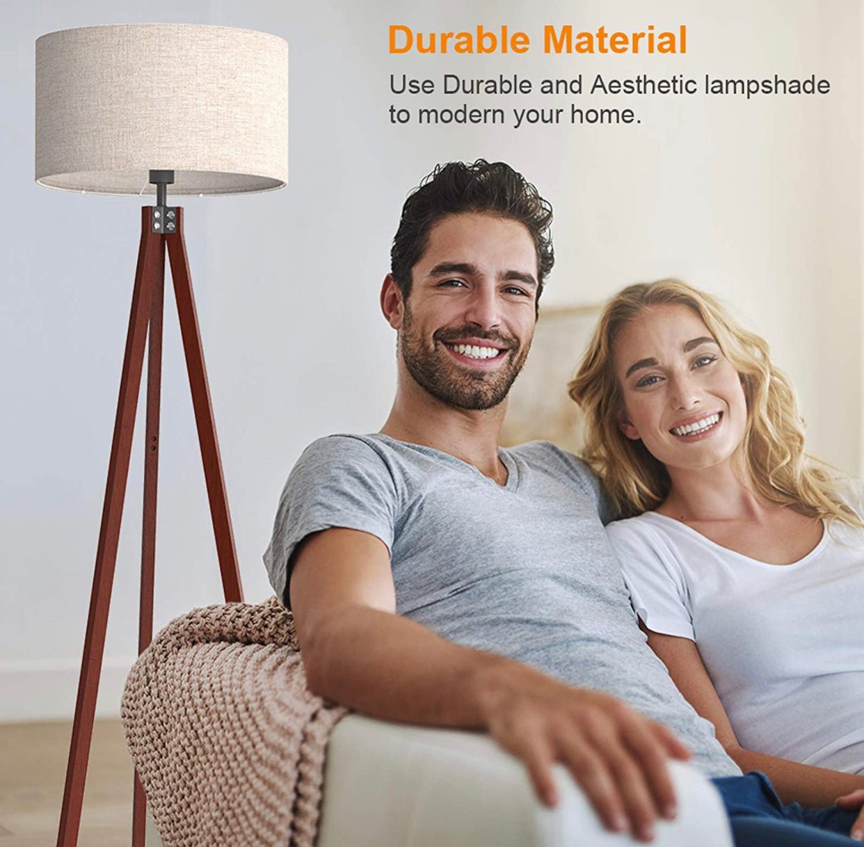 Modern Tripod LED Floor Lamp – Mid Century Dimmable Modern Light for Contemporary Living Rooms - Tall Free Standing Lamp with Solid Wood Legs - Outdoor Solar Outlet