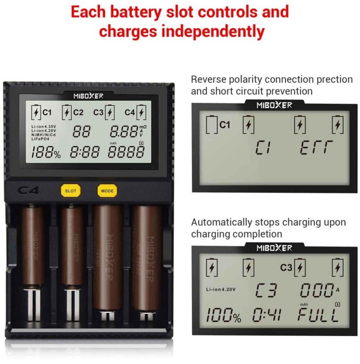 Original MiBOXER Smart Universal 4-Bay Charger, Automatic LCD Display,Fast Charging Rechargeable Li-ion LiFePO4 Ni-MH Ni-Cd AA AAA - Outdoor Solar Outlet