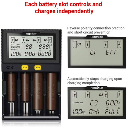 Original MiBOXER Smart Universal 4-Bay Charger, Automatic LCD Display,Fast Charging Rechargeable Li-ion LiFePO4 Ni-MH Ni-Cd AA AAA - Outdoor Solar Outlet