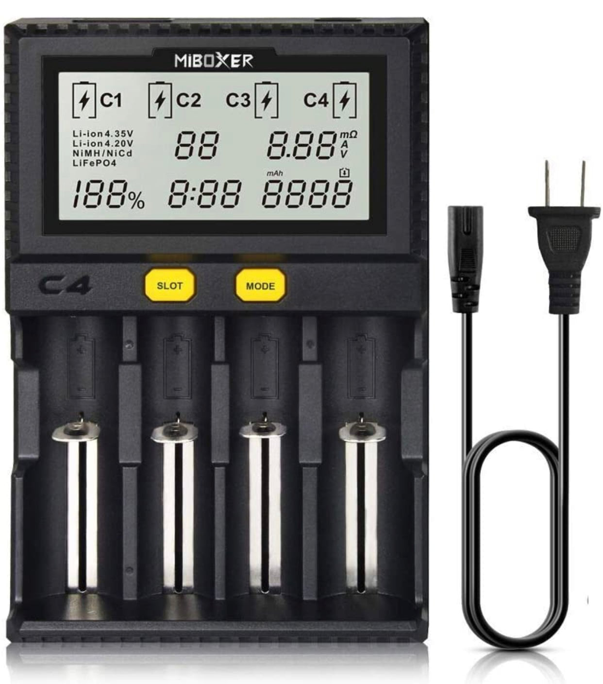 Original MiBOXER Smart Universal 4-Bay Charger, Automatic LCD Display,Fast Charging Rechargeable Li-ion LiFePO4 Ni-MH Ni-Cd AA AAA - Outdoor Solar Outlet