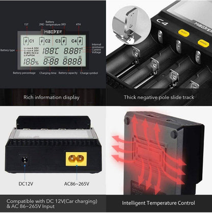 Original MiBOXER Smart Universal 4-Bay Charger, Automatic LCD Display,Fast Charging Rechargeable Li-ion LiFePO4 Ni-MH Ni-Cd AA AAA - Outdoor Solar Outlet