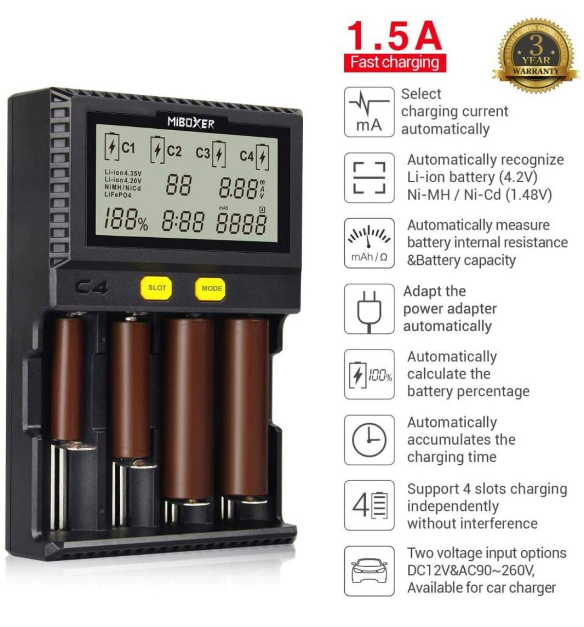 Original MiBOXER Smart Universal 4-Bay Charger, Automatic LCD Display,Fast Charging Rechargeable Li-ion LiFePO4 Ni-MH Ni-Cd AA AAA - Outdoor Solar Outlet