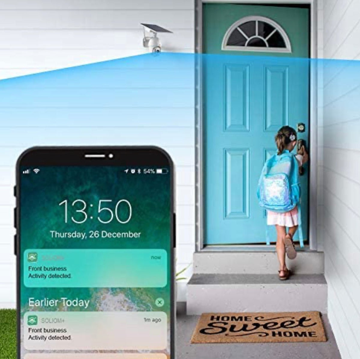 Outdoor Home Security Camera, Wireless WiFi Pan Tilt 360° View Spotlight Solar Battery Powered System, Motion Detection and Siren, Color Night Vision, 2-Way Talk, Remote - Outdoor Solar Outlet