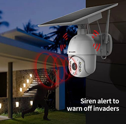 Outdoor Home Security Camera, Wireless WiFi Pan Tilt 360° View Spotlight Solar Battery Powered System, Motion Detection and Siren, Color Night Vision, 2-Way Talk, Remote - Outdoor Solar Outlet