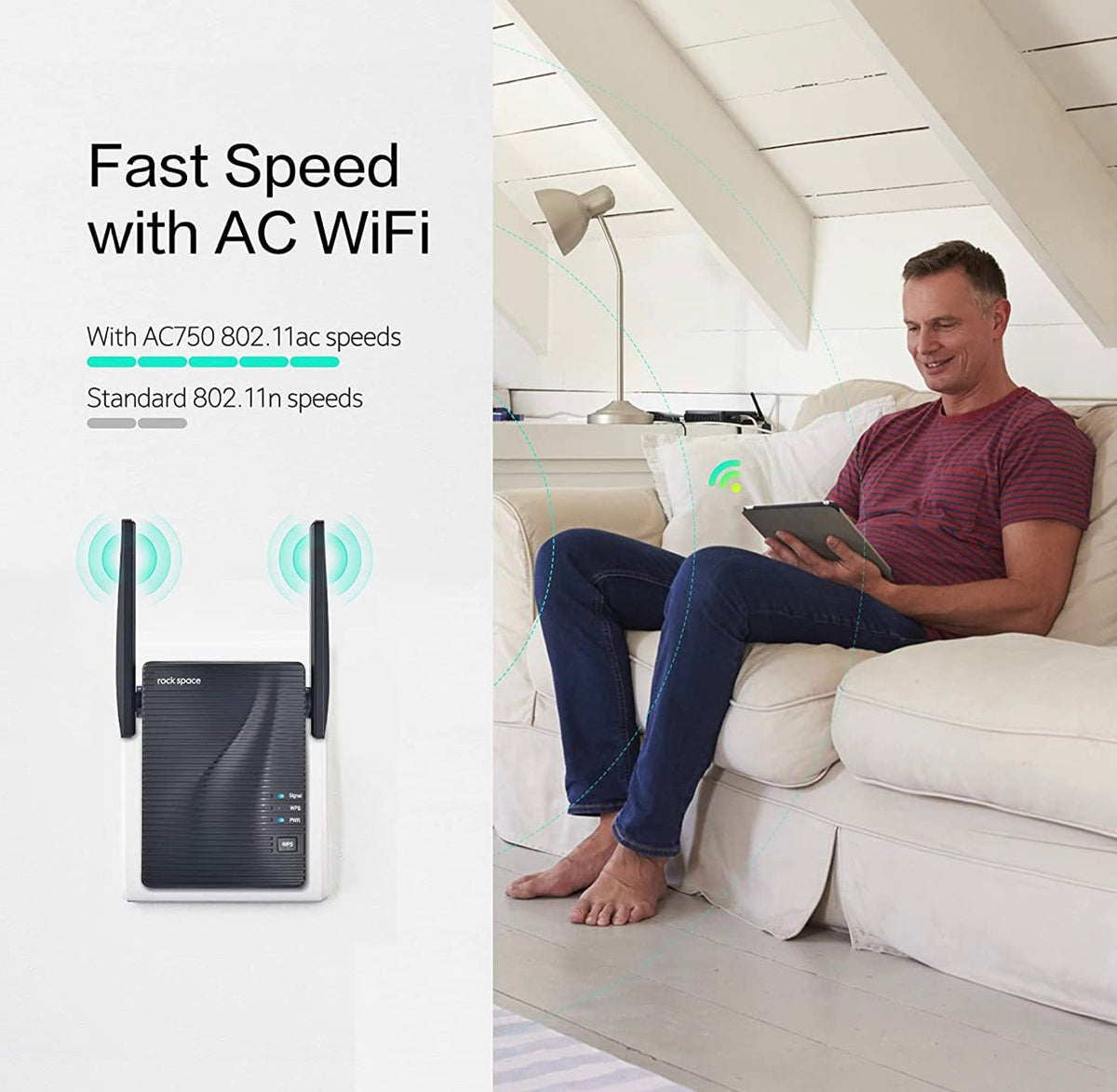 rockspace WiFi Extender - Dual-band Wifi Range Extender with erthernet port, Access Point Mode, WPS Button Setup, 360° Full Coverage, Connected up to 20+ Devices - Outdoor Solar Outlet
