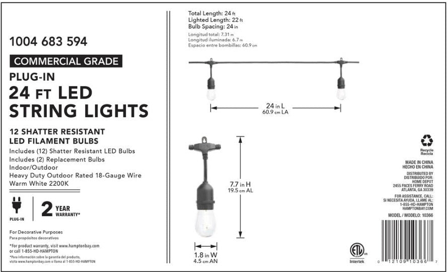 SmartYard 24 Ft. Waterproof LED String Light, 12 bulbs Plug-In - Outdoor Solar Outlet
