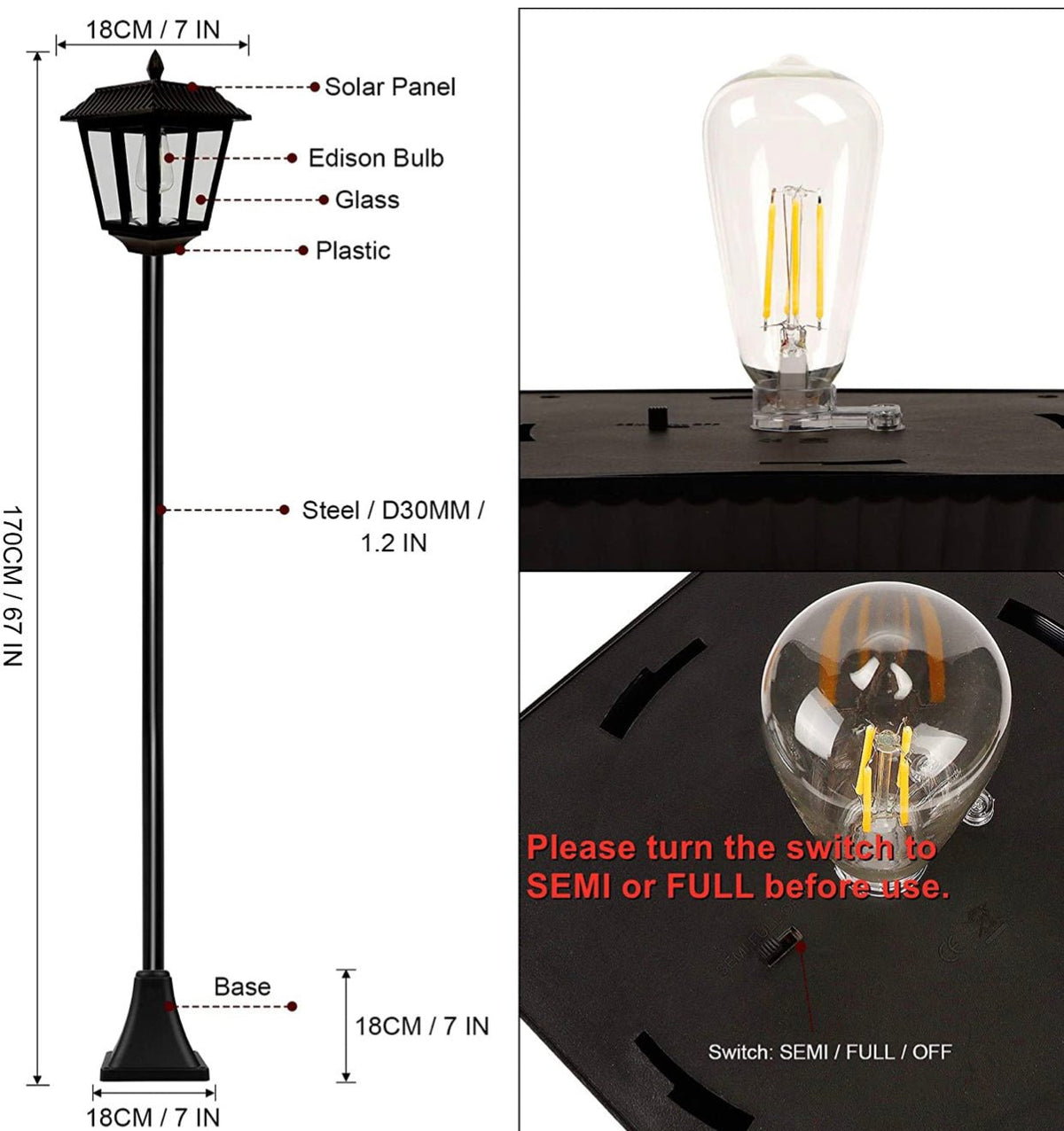 SmartYard 67 Inch Solar Lamp Post Lights, 100 Lumen Solar Powered Vintage Street Lights Outdoor, Warm White LED Edison Bulb Solar Post Light - Outdoor Solar Outlet