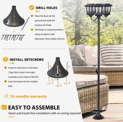 SmartYard Aluminum 74.8“ Outdoor Lamp Post Lights ,3-Head Waterproof Street Lights 60 Lumen - Outdoor Solar Outlet