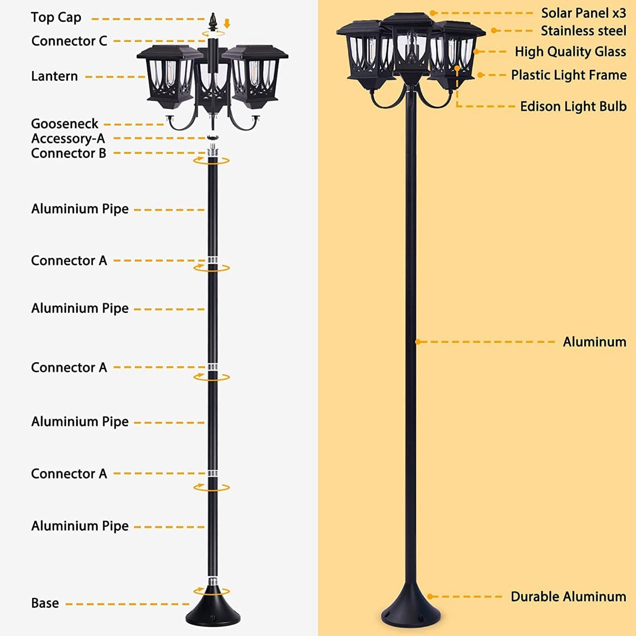 SmartYard Aluminum 74.8“ Outdoor Lamp Post Lights ,3-Head Waterproof Street Lights 60 Lumen - Outdoor Solar Outlet