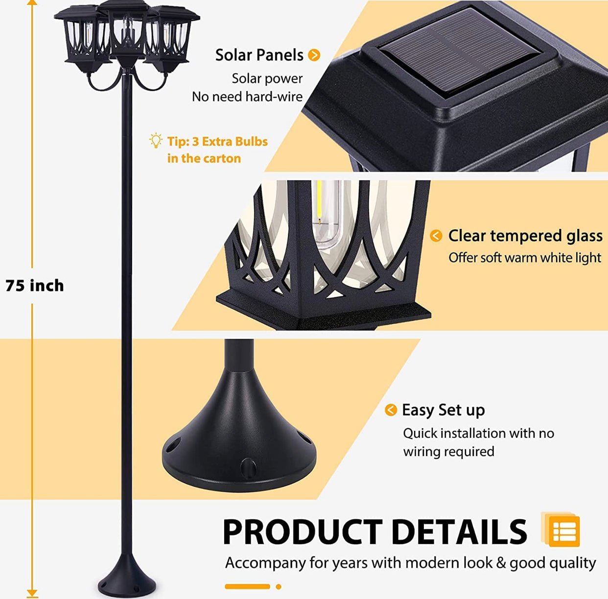 SmartYard Aluminum 74.8“ Outdoor Lamp Post Lights ,3-Head Waterproof Street Lights 60 Lumen - Outdoor Solar Outlet