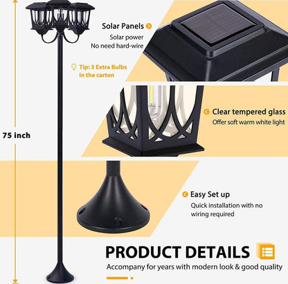 SmartYard Aluminum 74.8“ Outdoor Lamp Post Lights ,3-Head Waterproof Street Lights 60 Lumen - Outdoor Solar Outlet