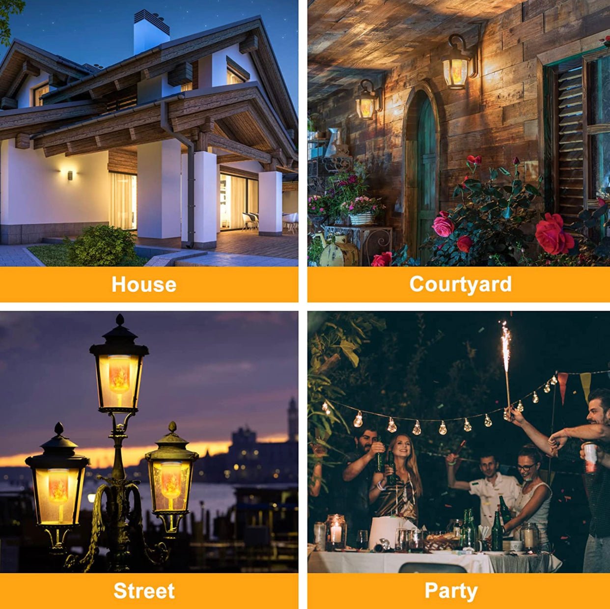 SmartYard LED Flame Light Bulb, 4 Modes Flickering Light Bulbs with Upside Down Effect (4-Pack) - Outdoor Solar Outlet