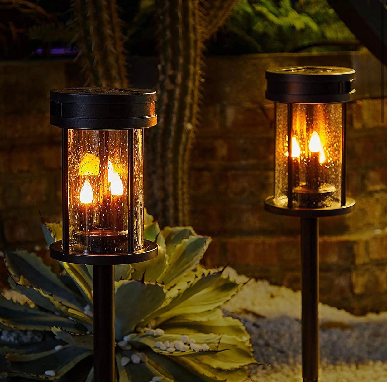 Solar Flickering Candle Lantern Outdoor Garden Stake Lights (2Pack, Black) - Outdoor Solar Outlet
