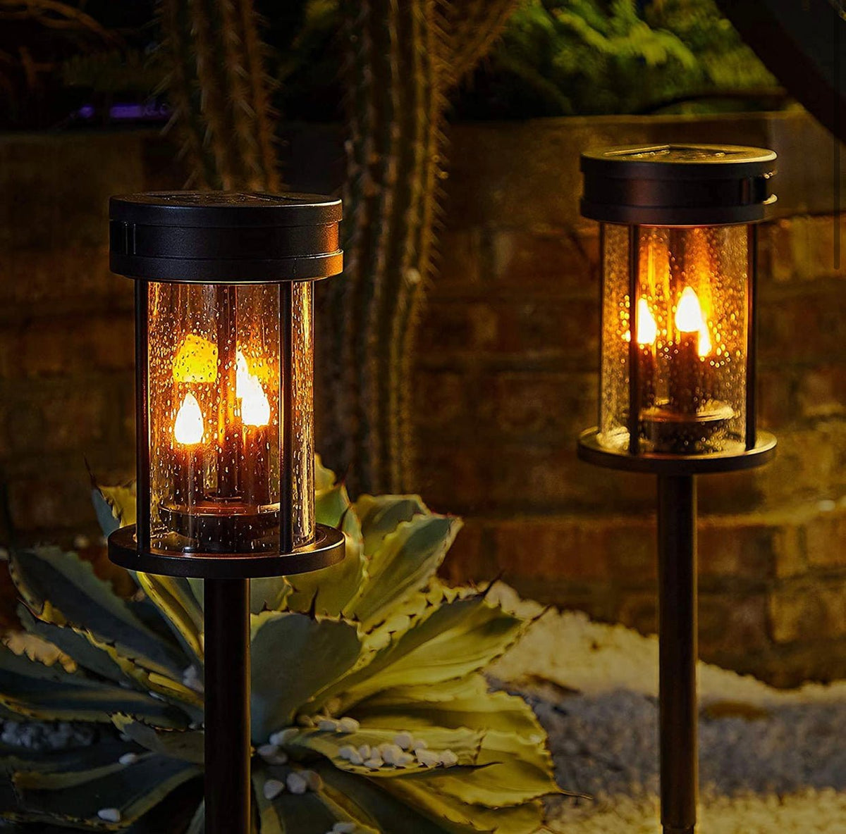 Solar Flickering Candle Lantern Outdoor Garden Stake Lights (2Pack, Black) - Outdoor Solar Outlet