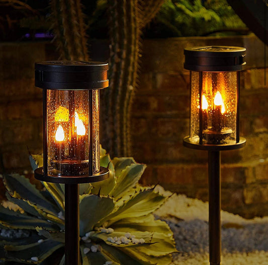 Solar Flickering Candle Lantern Outdoor Garden Stake Lights (2Pack, Black) - Outdoor Solar Outlet