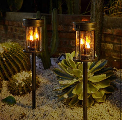 Solar Flickering Candle Lantern Outdoor Garden Stake Lights (2Pack, Black) - Outdoor Solar Outlet