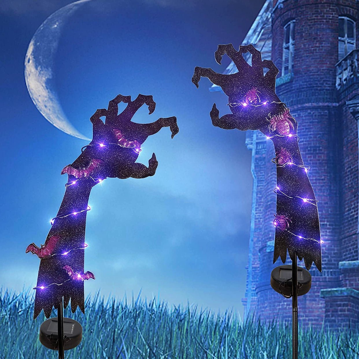 Solar Halloween Yard Decorations, Outdoor LED Solar Powered Ghost Hand Halloween Pathway Lights, Metal Garden Stakes Lawn Yard Ornament, Set of 2 - Outdoor Solar Outlet