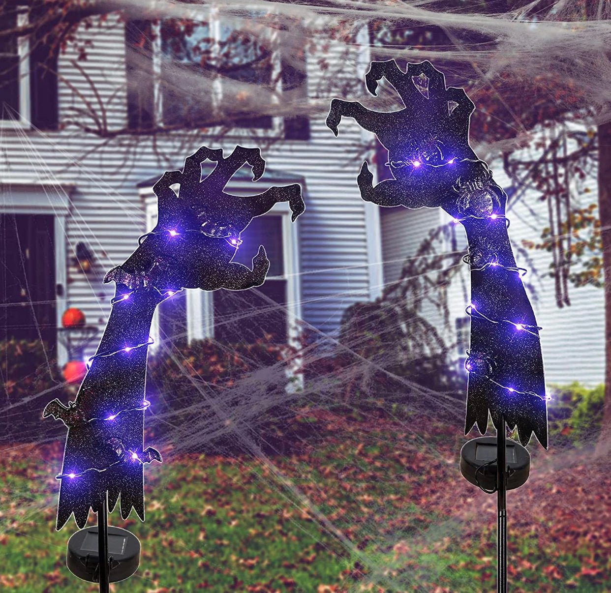 Solar Halloween Yard Decorations, Outdoor LED Solar Powered Ghost Hand Halloween Pathway Lights, Metal Garden Stakes Lawn Yard Ornament, Set of 2 - Outdoor Solar Outlet