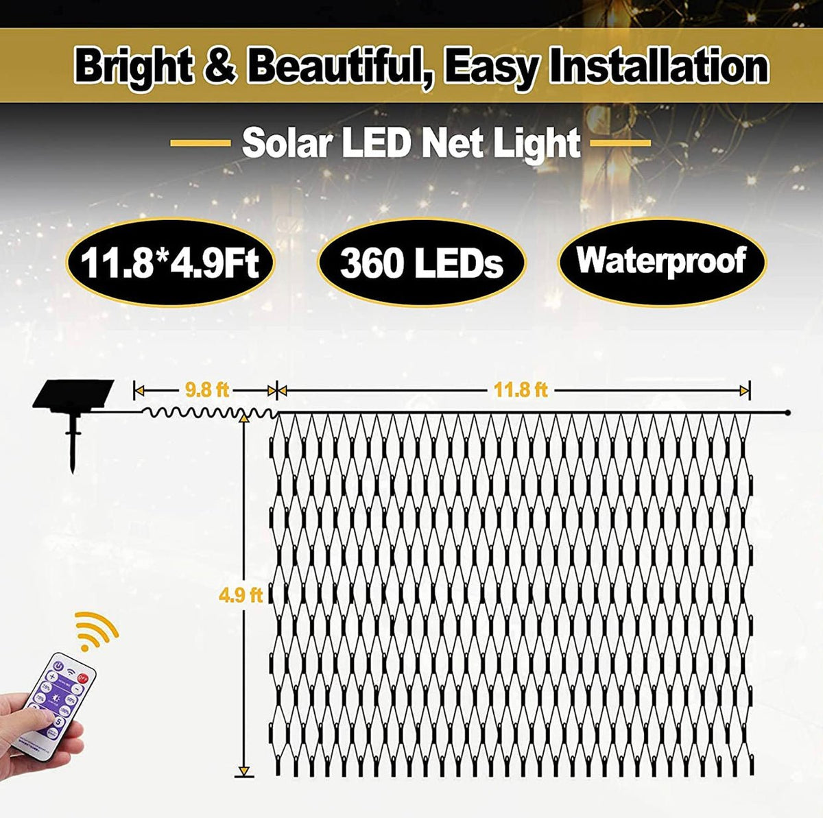 Solar Net Mesh Lights 360 LED with Remote, 11.8Ft x 4.9Ft Fence String Light - Outdoor Solar Outlet