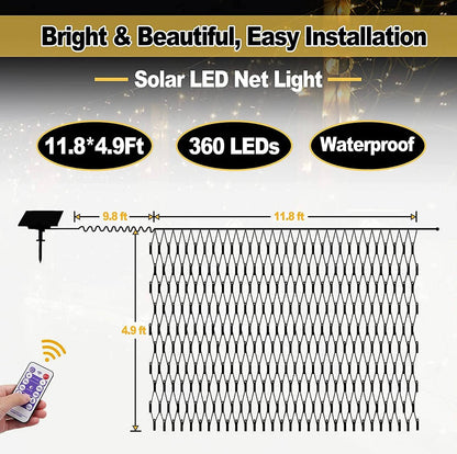Solar Net Mesh Lights 360 LED with Remote, 11.8Ft x 4.9Ft Fence String Light - Outdoor Solar Outlet