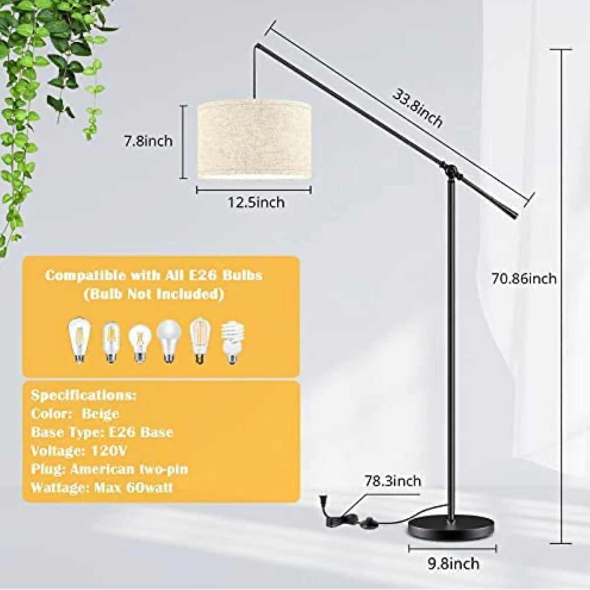 TubUSA- Arc Floor Lamp Hang - Large - with LED Bulb - Outdoor Solar Outlet
