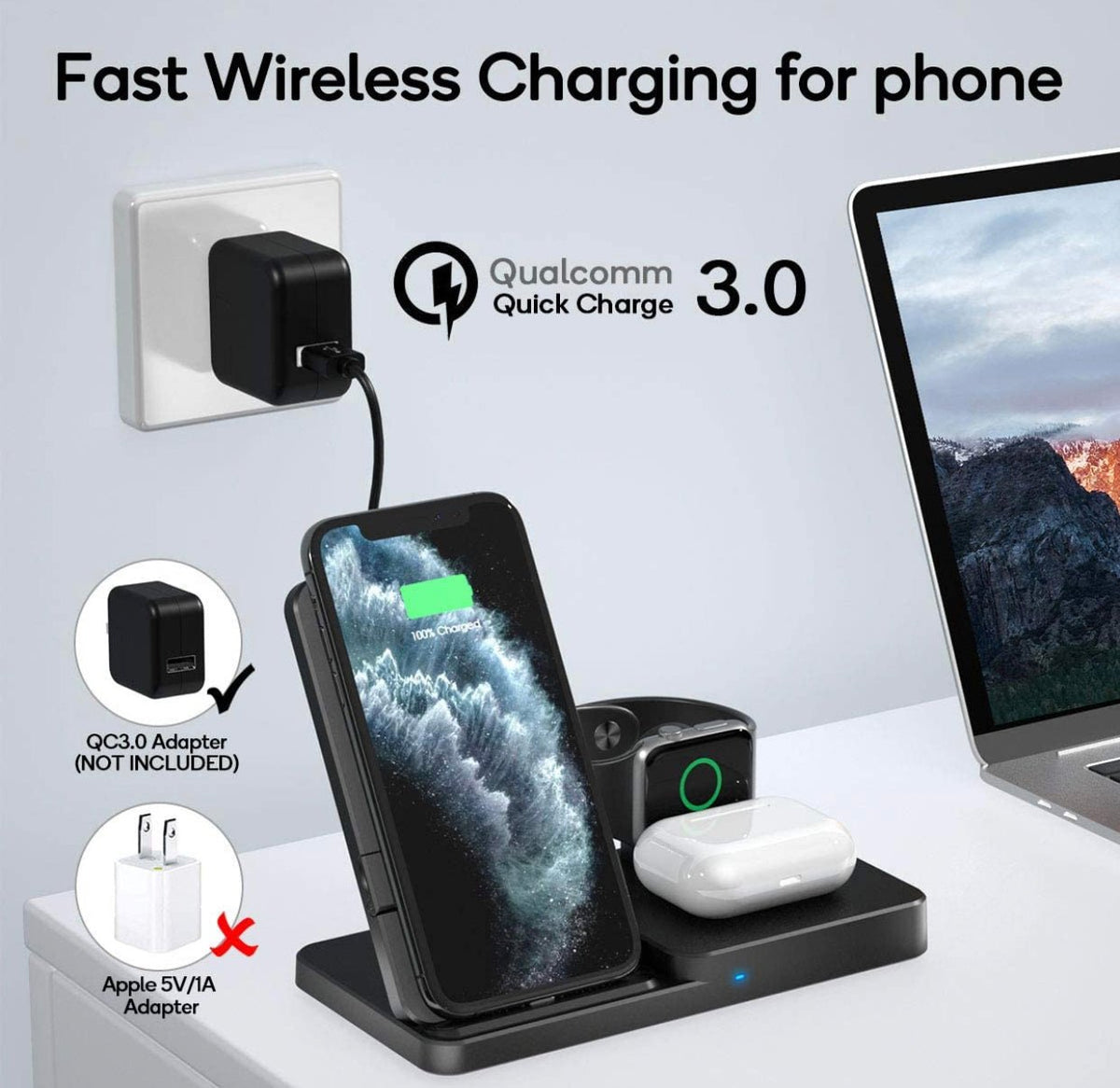 Wireless Charger, Qi-Certified Fast Wireless Charging Station for AirPods/Apple Watch Series/iPhone - Outdoor Solar Outlet